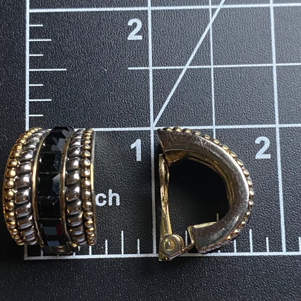 Vintage Clip-On Earrings Hoop Two Tone Black Faceted Glass Statement Chunky - Picture 6 of 10